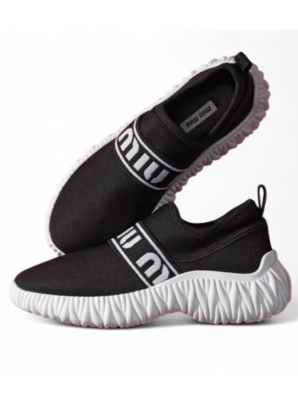 MIU MIU $950 Calzature Donna Black Platform Logo Band Knit Sneakers Size 7.5/8